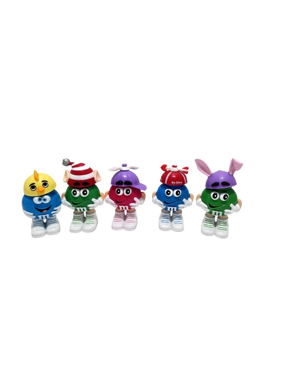 Lot of 5 Green Blue Pink M& M Collectible Figurines With Holiday Hats